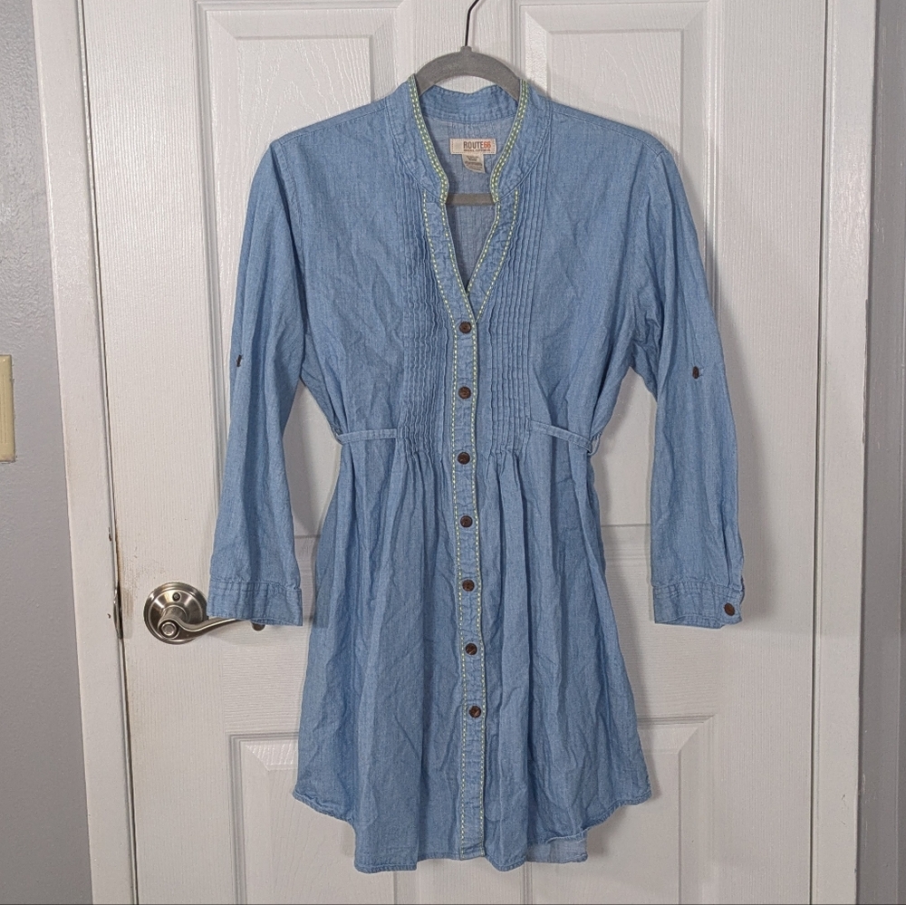 Retro Route 66 Chambray 100% Cotton Blue Denim Tie-Waist Tunic Top Size Large